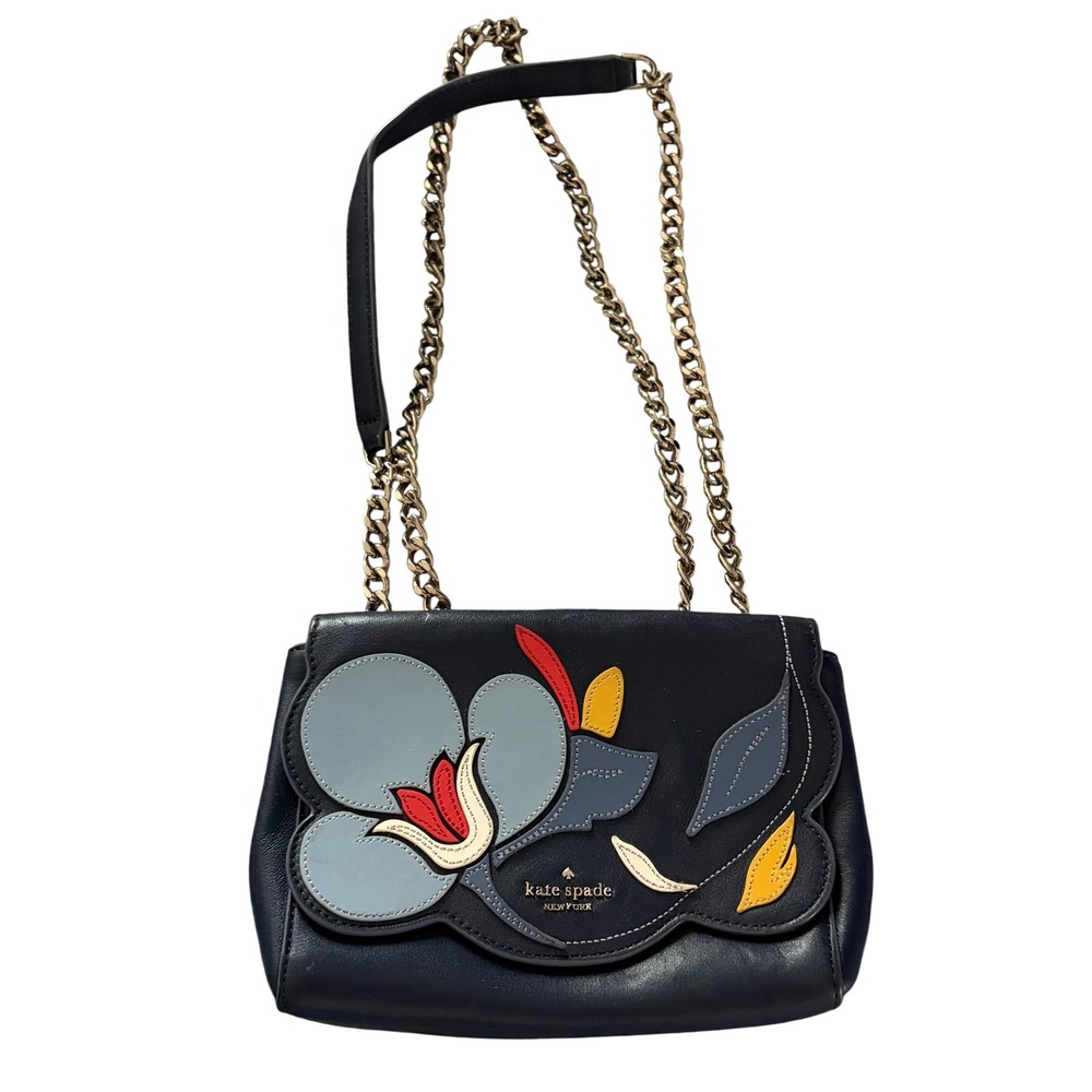 Kate Spade New York Navy Leather Floral Applique Scalloped Crossbody Bag